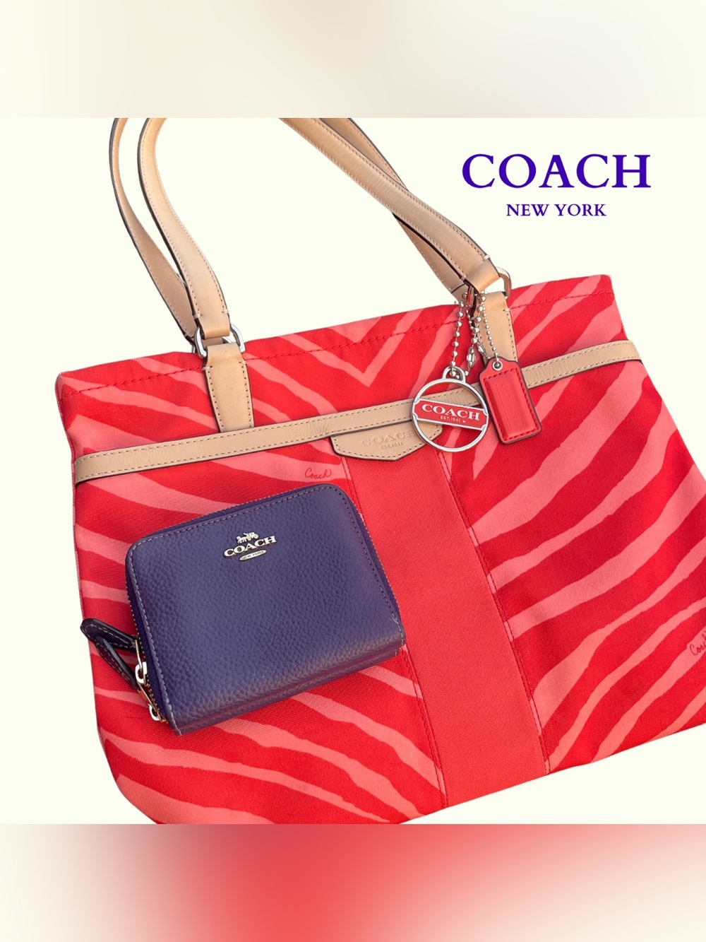 COACH Red Zebra Print Tote with Tan Trim and Purple Wallet set